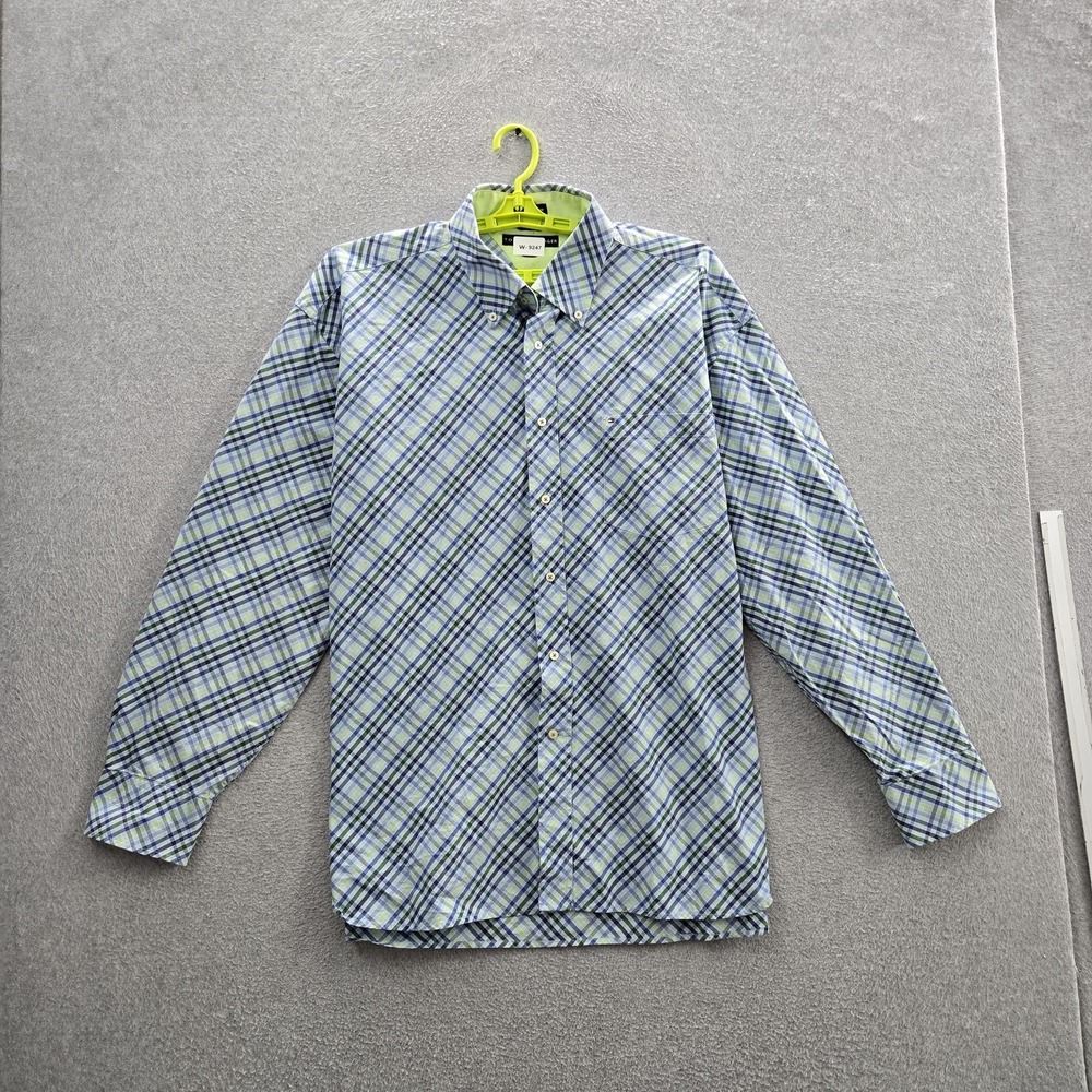 Tommy Hilfiger Men Button Up Shirt XXL/XXG Blue Plaid Logo Long Sleeve